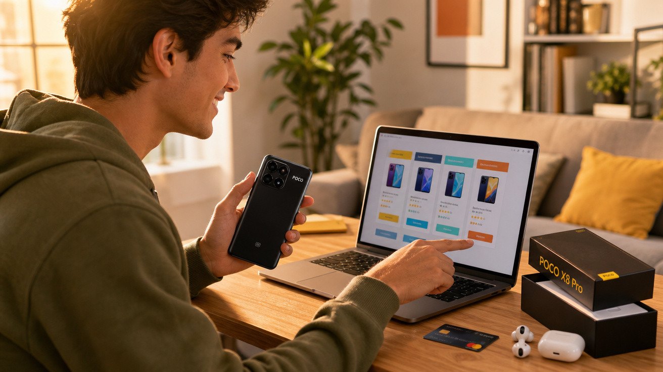 Homem a comprar smartphone Poco X8 Pro online num portátil, segurando o telemóvel na mão esquerda.