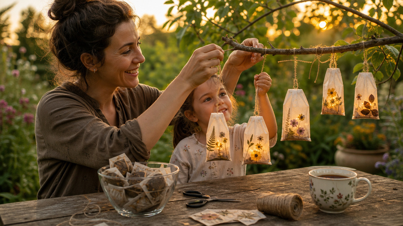 Mãe e filha a pendurar lanternas decorativas com flores secas num ramo ao entardecer no jardim.