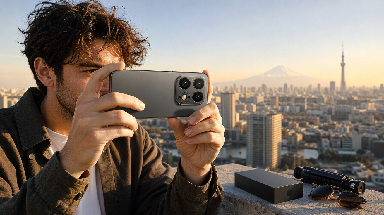 Homem a tirar foto com smartphone numa varanda com vista para cidade e montanha ao fundo.