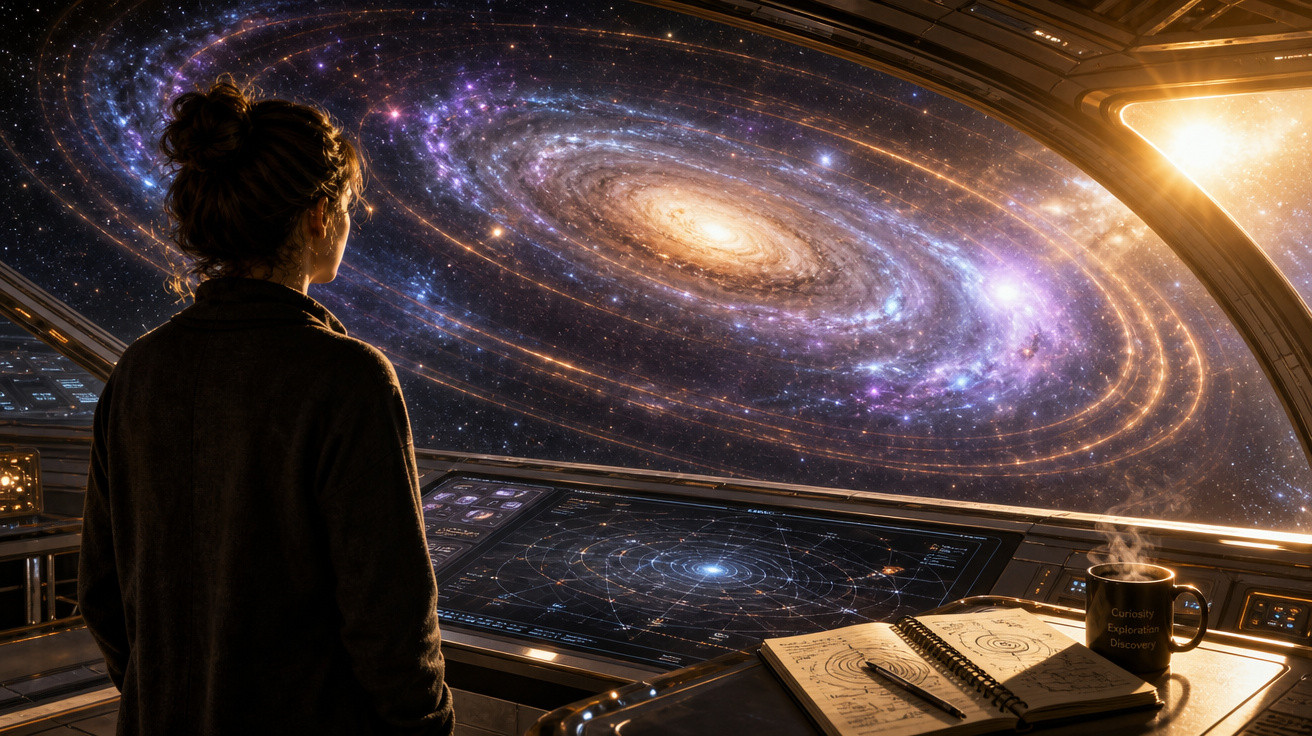 Pessoa a observar uma galáxia espiral brilhante através da janela de uma nave espacial futurista.
