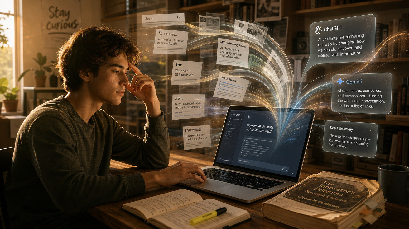 Jovem a estudar com computador, rodeado de livros, a explorar conteúdos digitais sobre inteligência artificial.