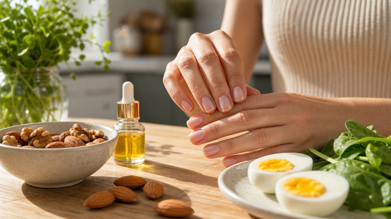 Mãos femininas a hidratar-se com óleo natural, ao lado de ovos cozidos, espinafres, amêndoas e nozes.
