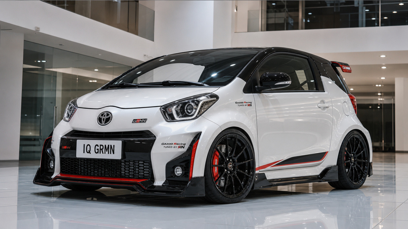 Carro desportivo branco Toyota GRMN iQ com detalhes em preto e vermelho em espaço interior moderno.