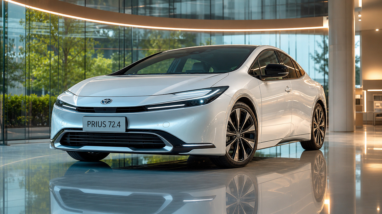 Automóvel Toyota Prius branco estacionado em showroom moderno com chão espelhado e iluminação ambiente.