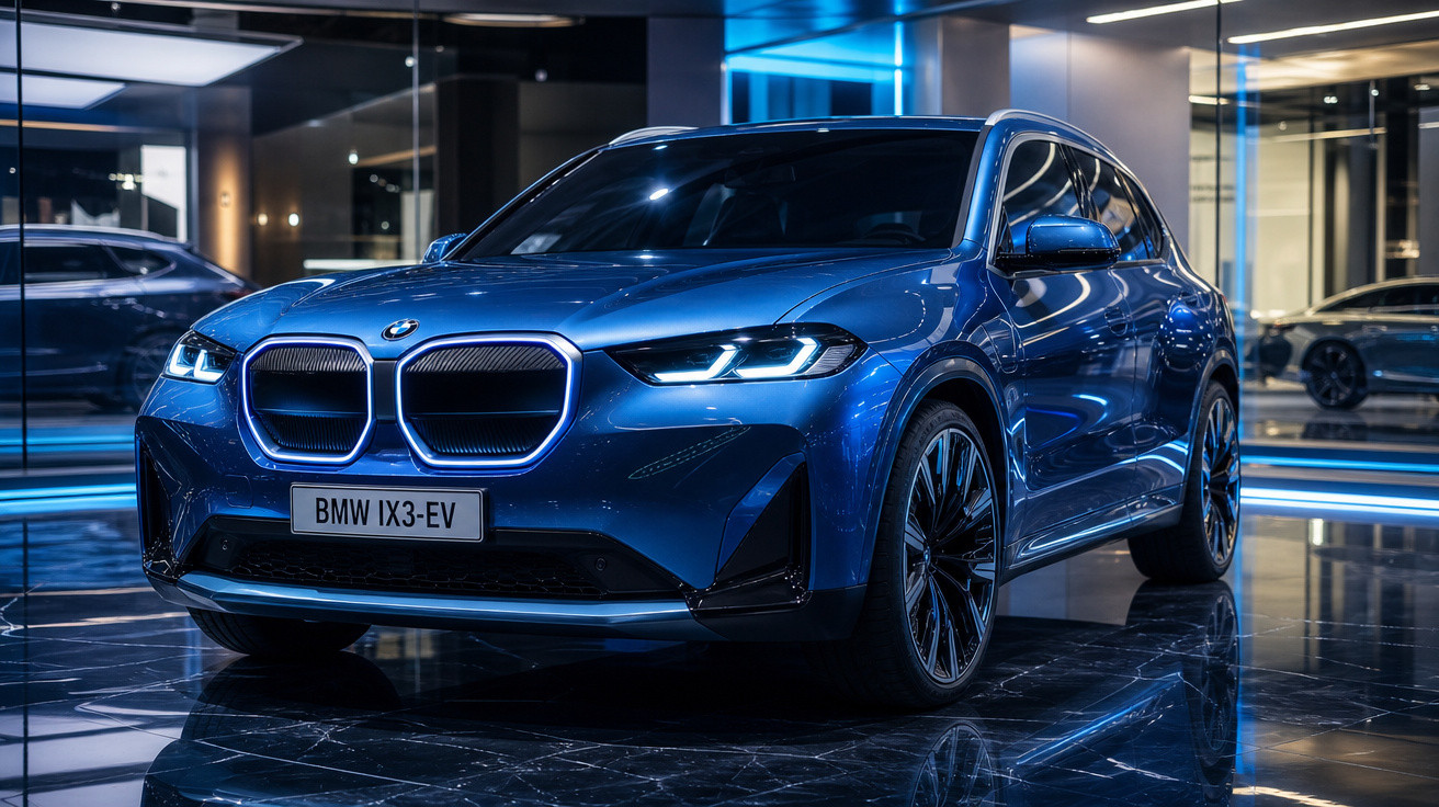 BMW iX3 elétrico azul exibido em showroom com iluminação moderna e reflexos no chão preto.