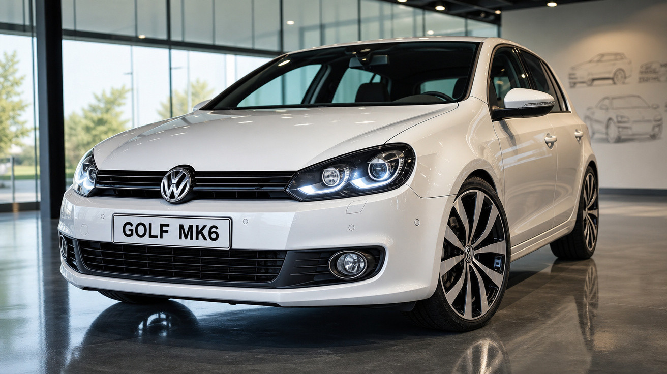 Automóvel Volkswagen Golf MK6 branco estacionado em piso interior e paredes com esboços automóveis.