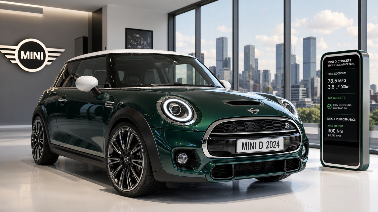 Mini Cooper elétrico verde escuro apresentado em showroom moderno com grande vista para edifícios altos.
