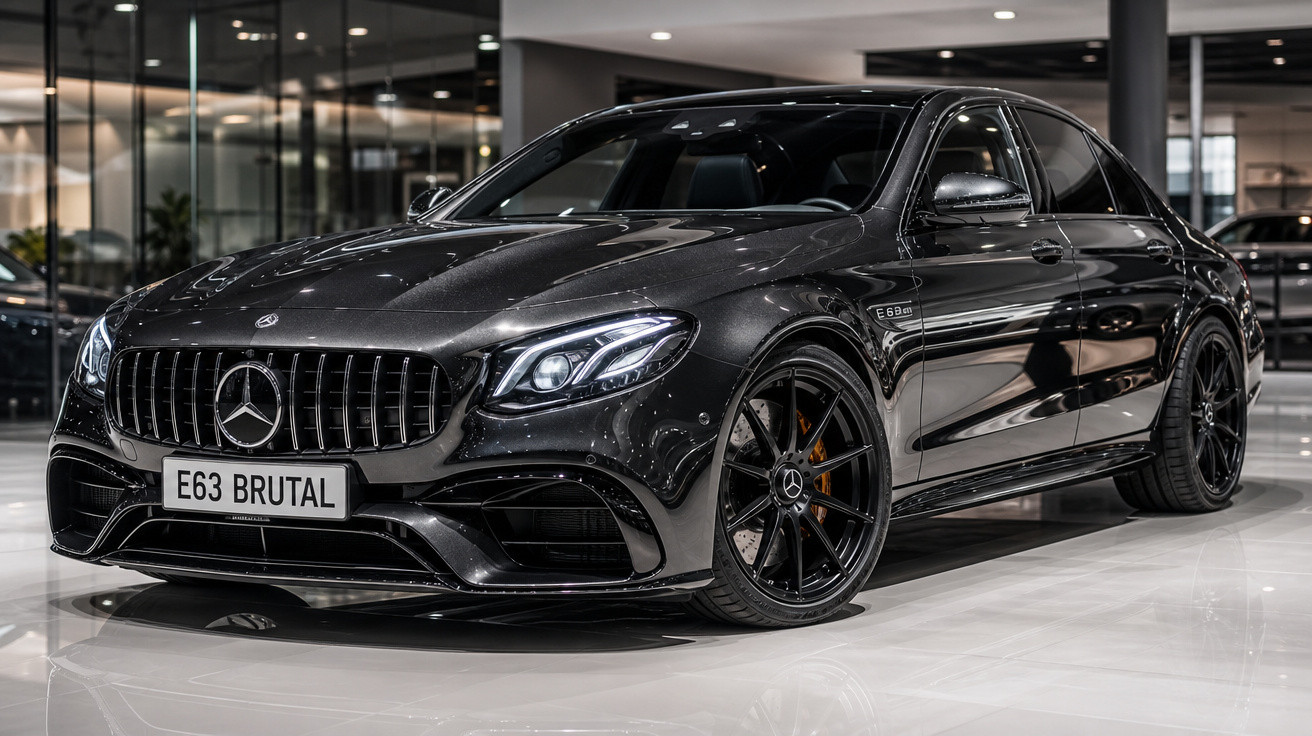 Automóvel Mercedes-Benz E63 AMG preto brilhante estacionado em interior moderno e refletivo.