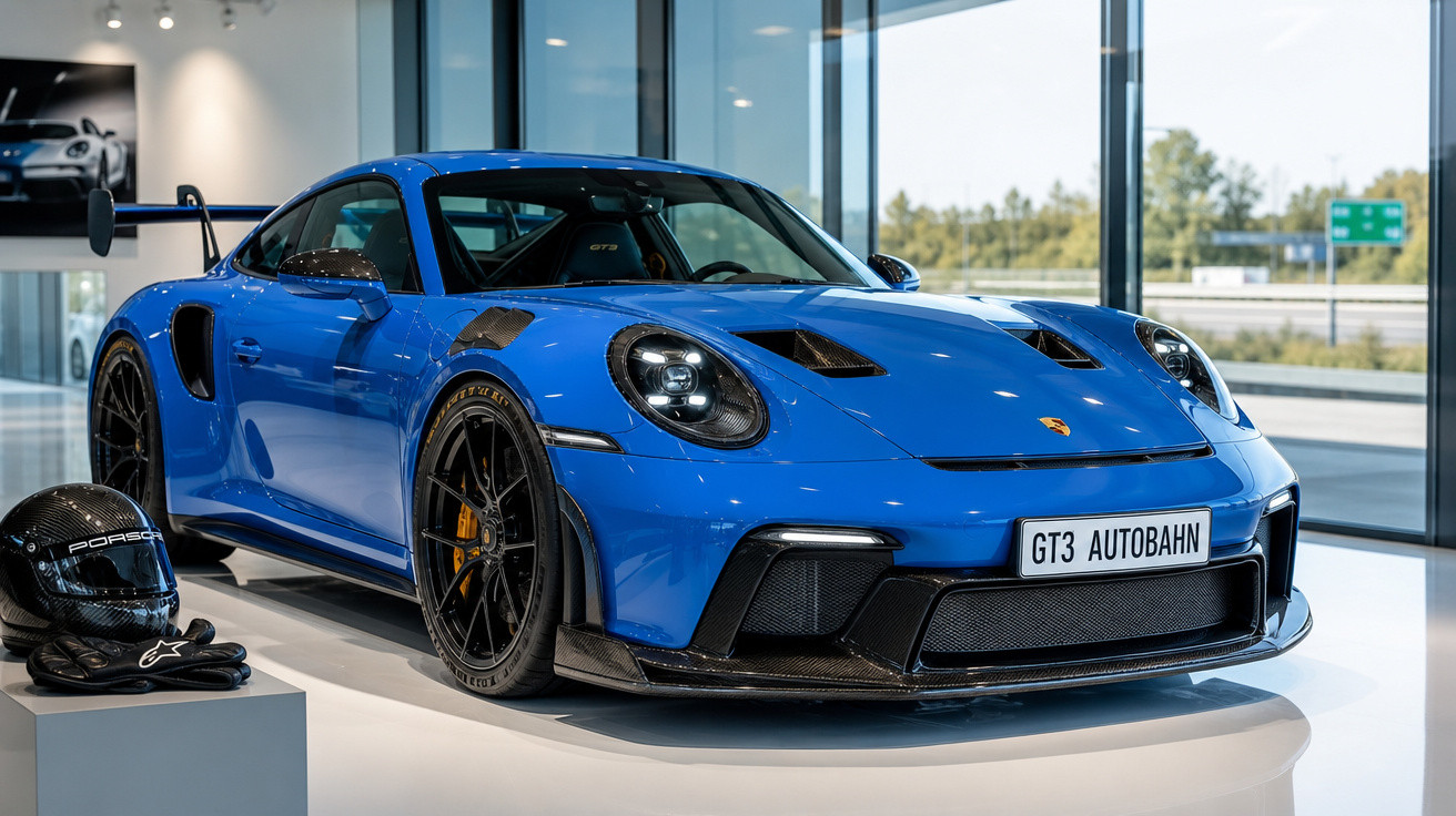 Carro desportivo azul Porsche GT3 estacionado em exposição, com capacete e luvas pretas ao lado.