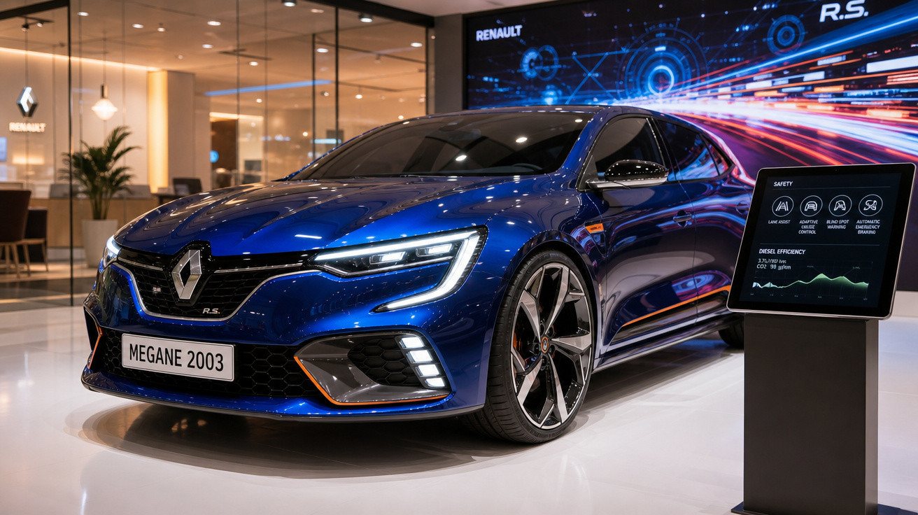 Carro desportivo Renault Megane R.S. azul exposto em showroom moderno com painel informativo digital.