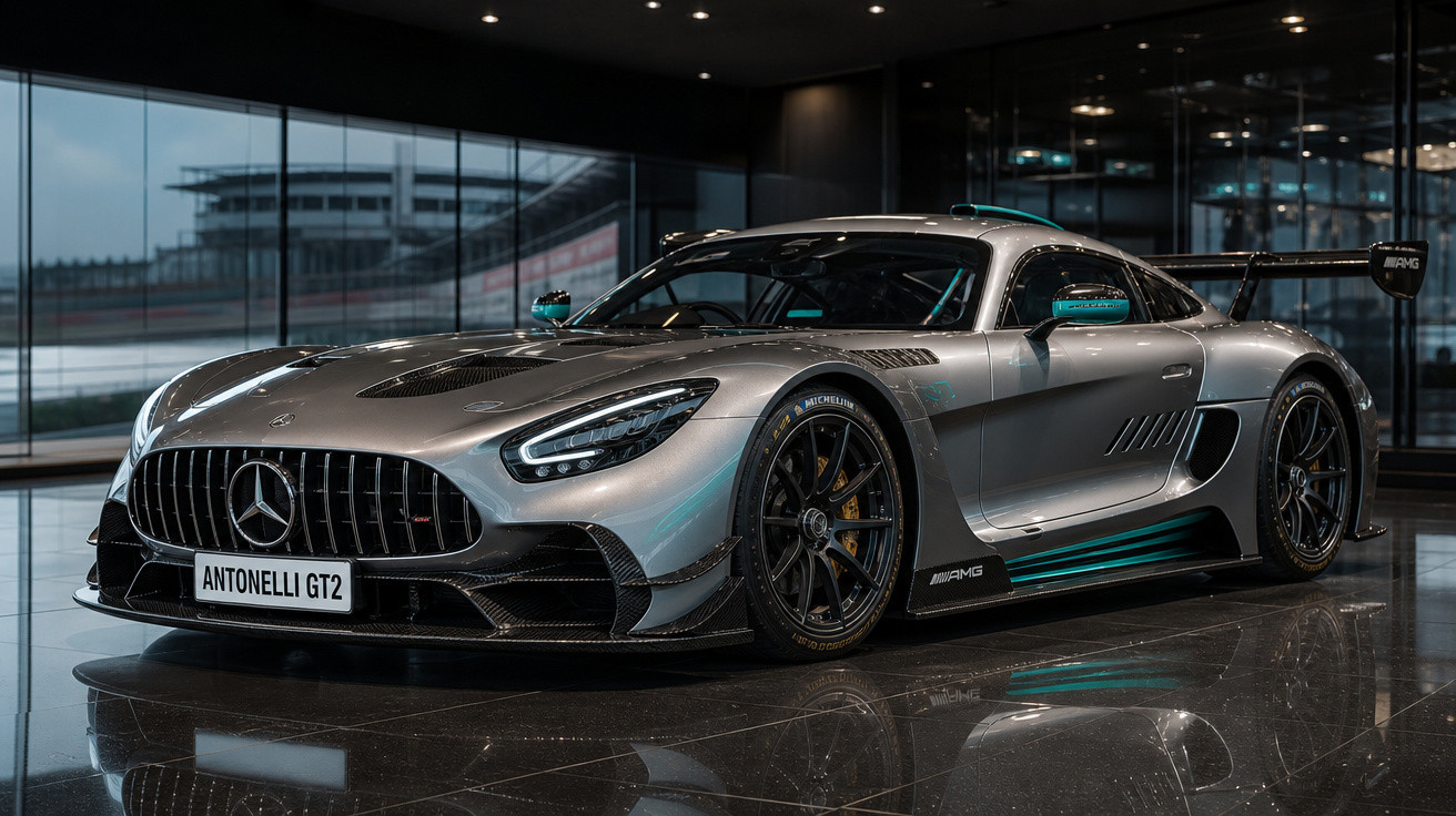 Carro desportivo prateado Mercedes AMG Antonelli GT2 estacionado num interior com chão refletor.