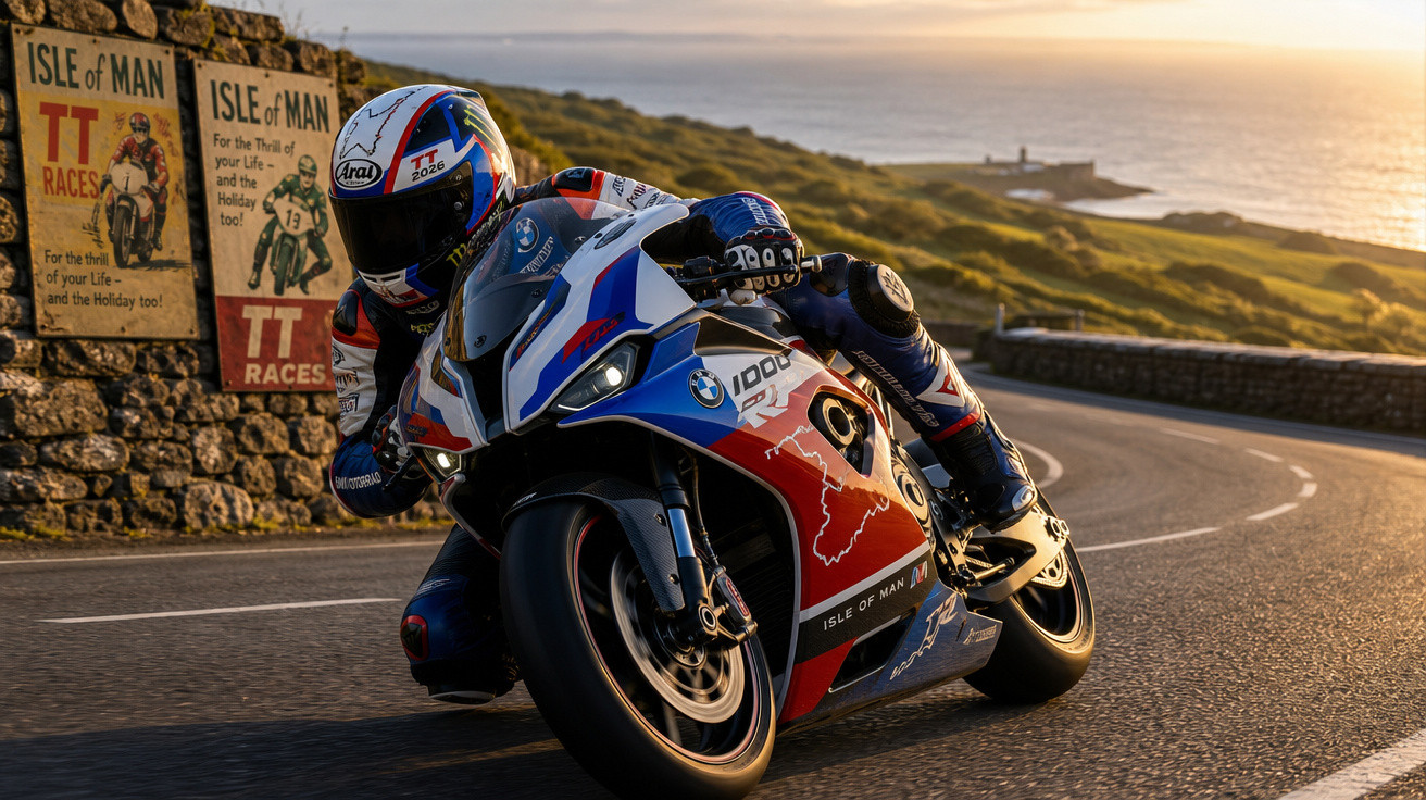 Motociclista em curva apertada na estrada do Isle of Man com paisagem costeira ao fundo ao pôr do sol.