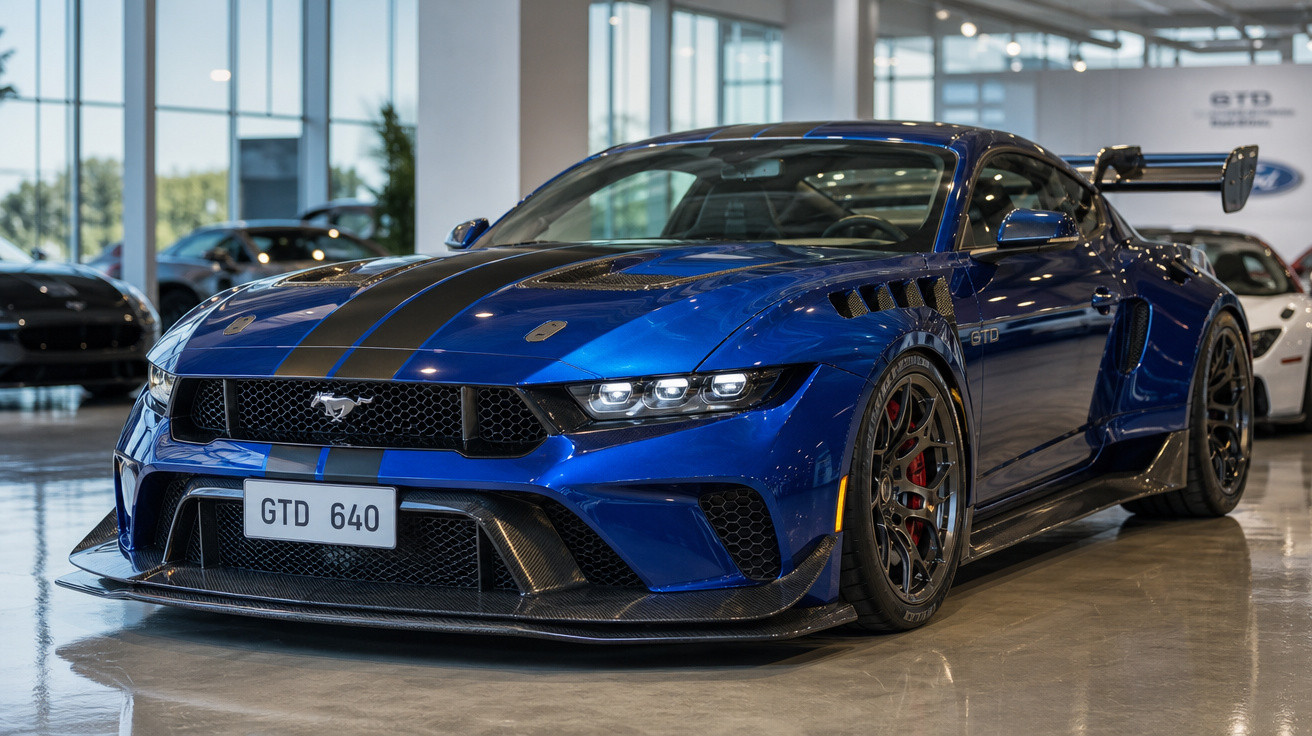 Carro desportivo azul Ford Mustang GTD 640 com linhas pretas, exposto numa concessionária moderna.