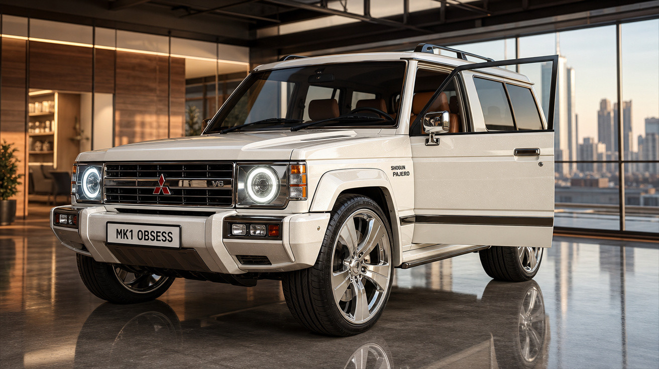Automóvel Mitsubishi Pajero branco clássico estacionado em interior moderno com porta dianteira aberta.