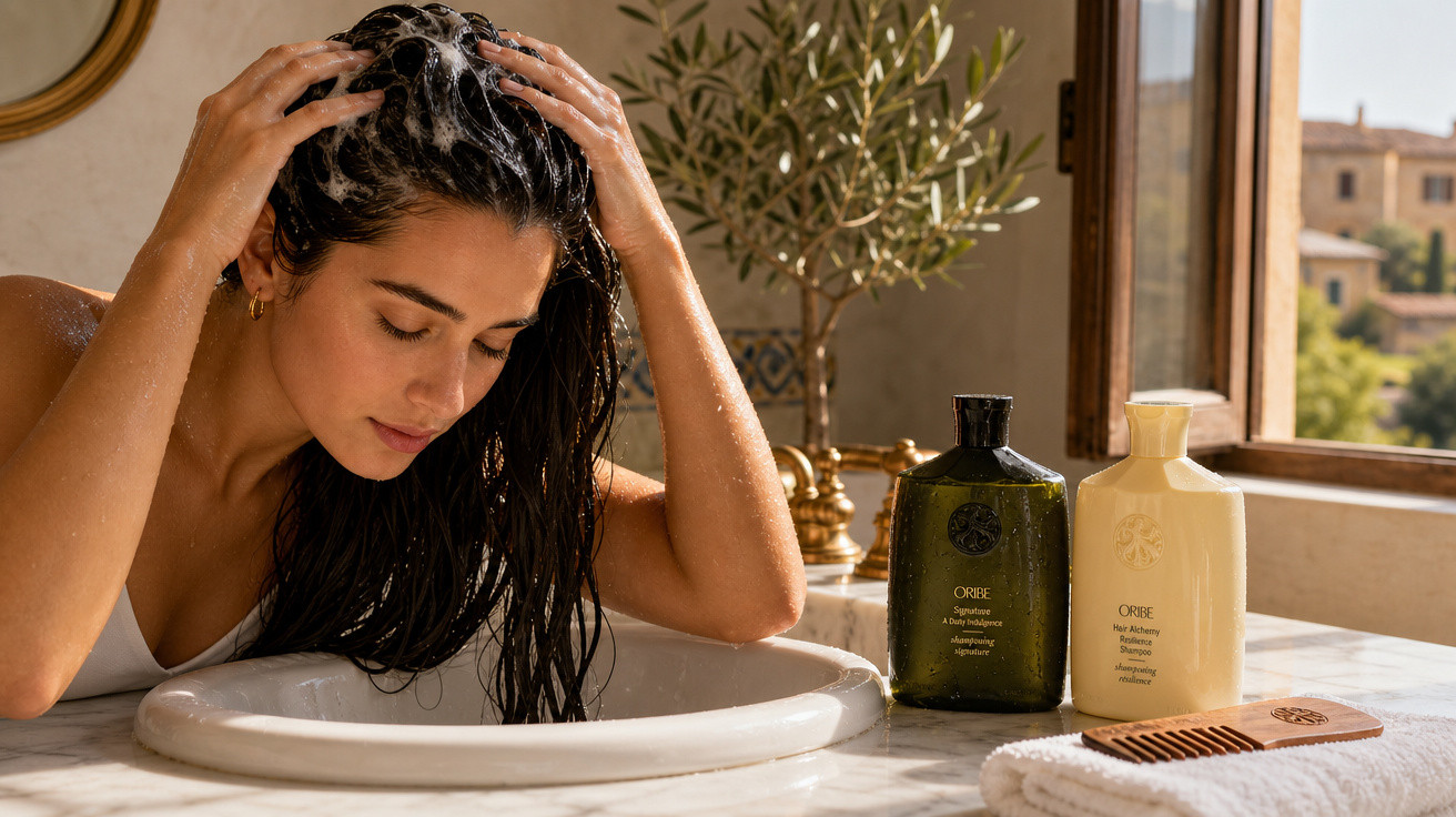 Mulher lavando o cabelo numa casa de banho luminosa com shampoo e condicionador na bancada.