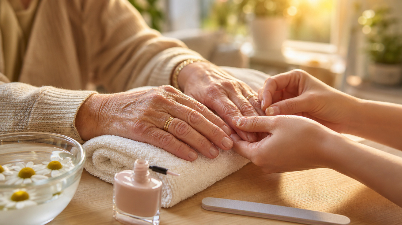 Mãos de idosa a receber manicure num ambiente iluminado, com toalha branca e verniz rosa ao lado.