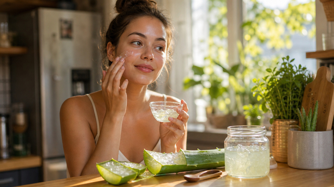 Mulher a aplicar gel de aloe vera no rosto numa cozinha com plantas e luz natural.