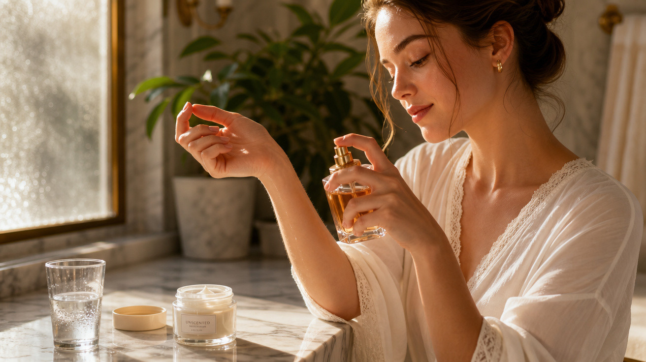 Mulher perfume-se no pulso junto a janela com planta, creme aberto e copo de água num tampo de mármore.