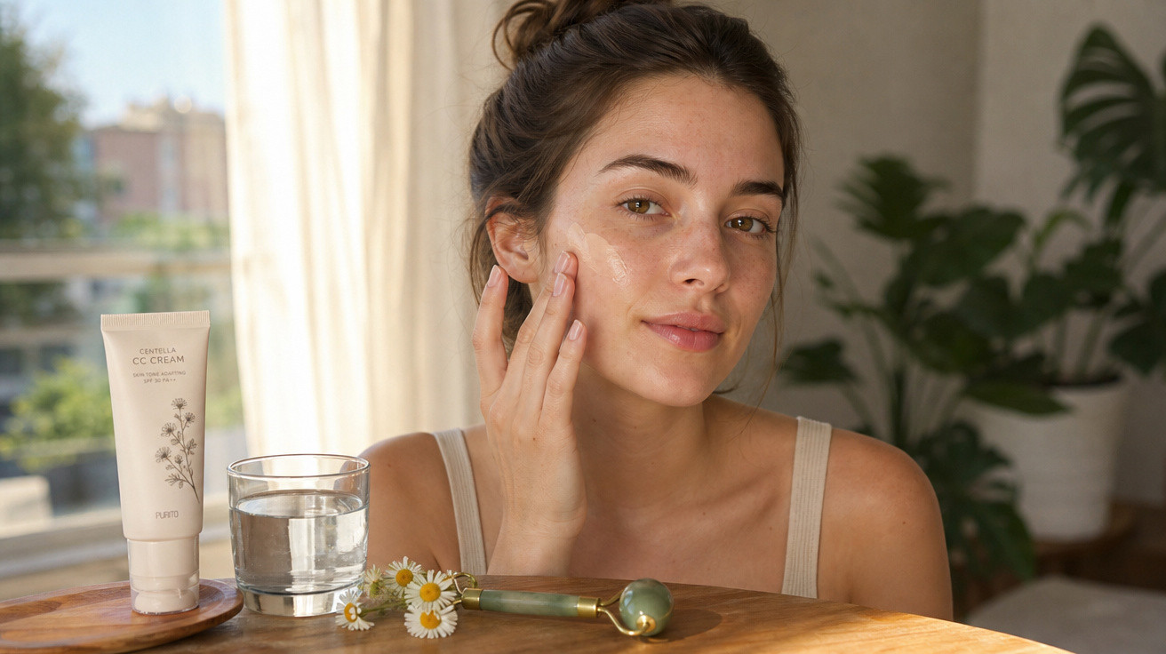 Mulher aplicando creme facial, com creme CC, copo de água e rolo de jade numa mesa de madeira.
