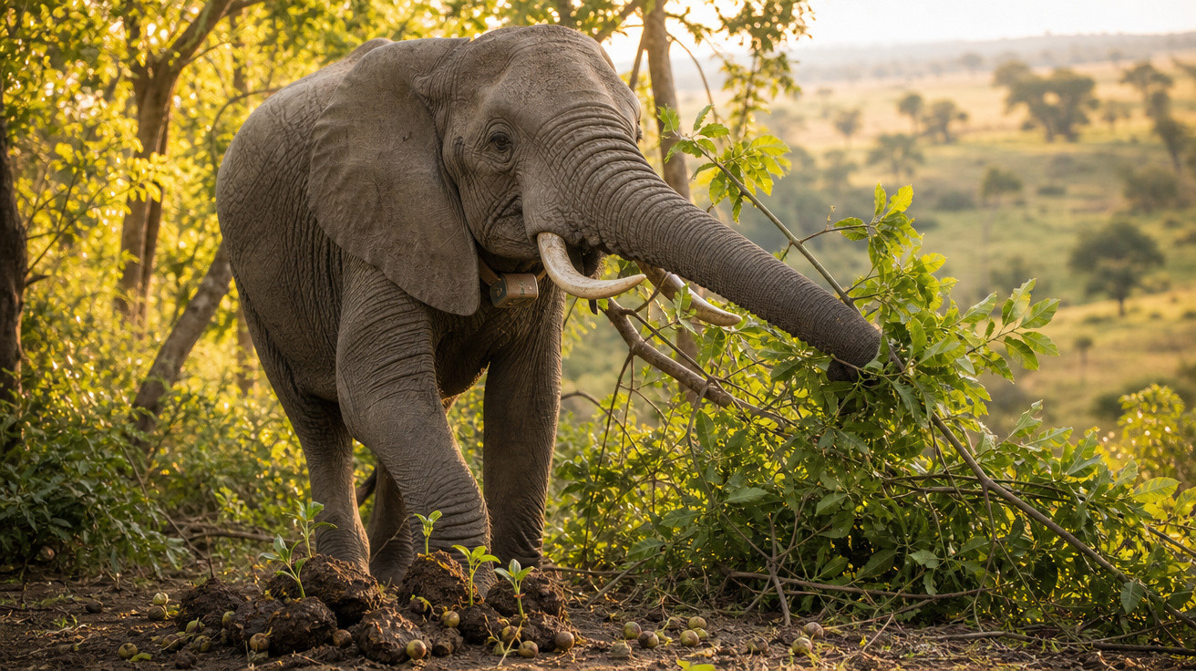 Elefante jovem a alimentar-se de ramos verdes num ambiente natural ao entardecer.