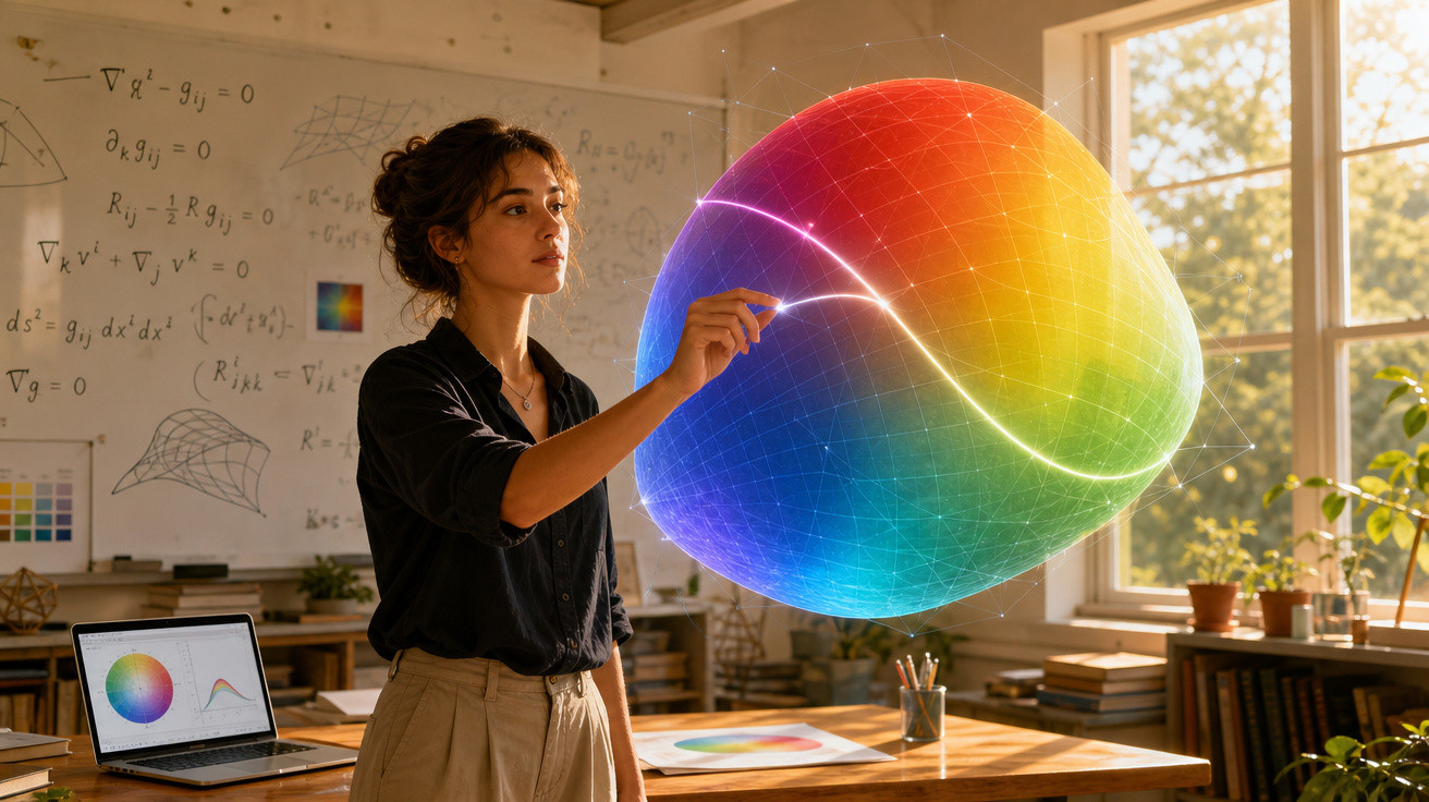 Mulher a interagir com modelo 3D colorido de forma de superfície numa sala com quadro e computador.