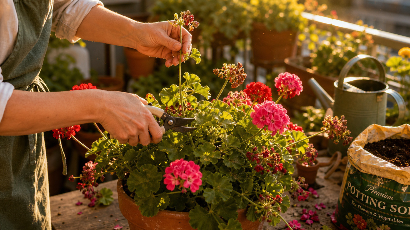 Pessoa a podar flores vermelhas num vaso de barro numa varanda ensolarada com ferramentas de jardinagem.