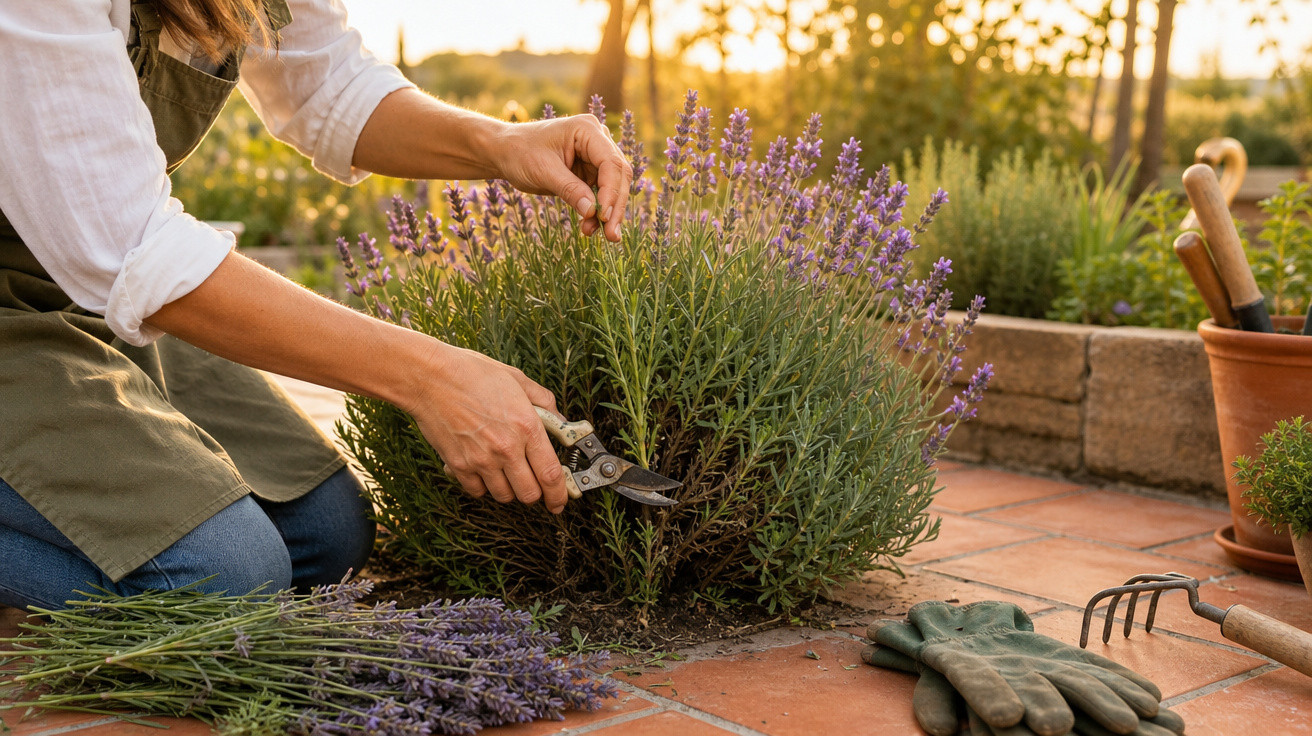 Pessoa a podar planta de lavanda num jardim ao pôr do sol com ferramentas de jardinagem ao lado.