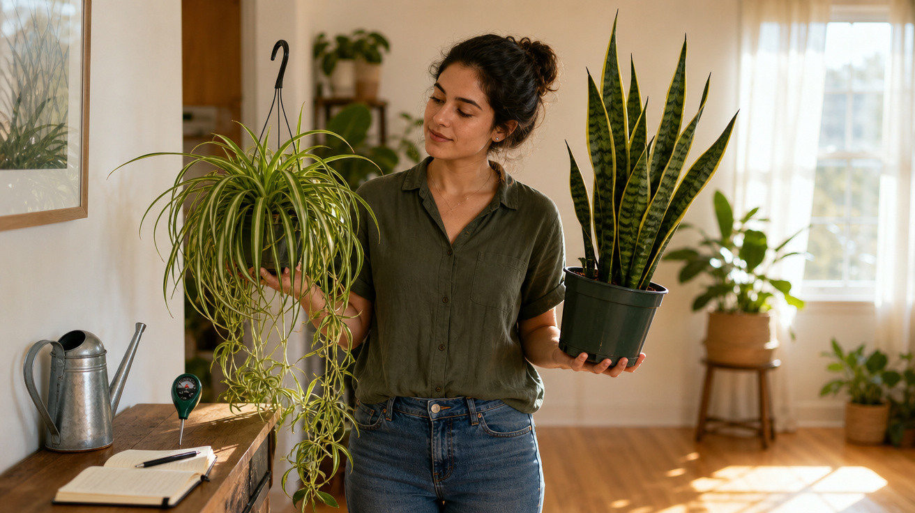 Mulher em casa a segurar duas plantas em vasos, avaliando as folhas num ambiente luminoso e acolhedor.
