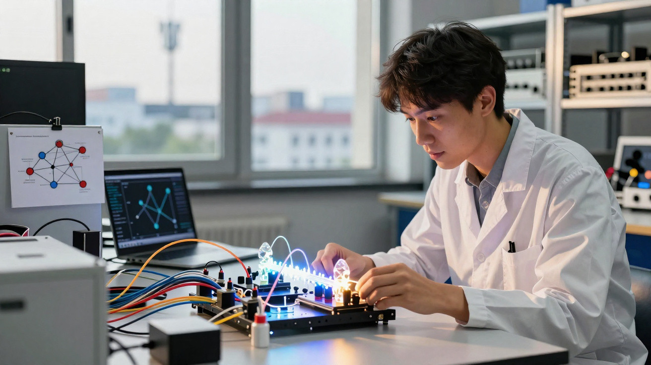 Jovem cientista em bata branca manipula equipamento eletrónico com luzes num laboratório moderno.