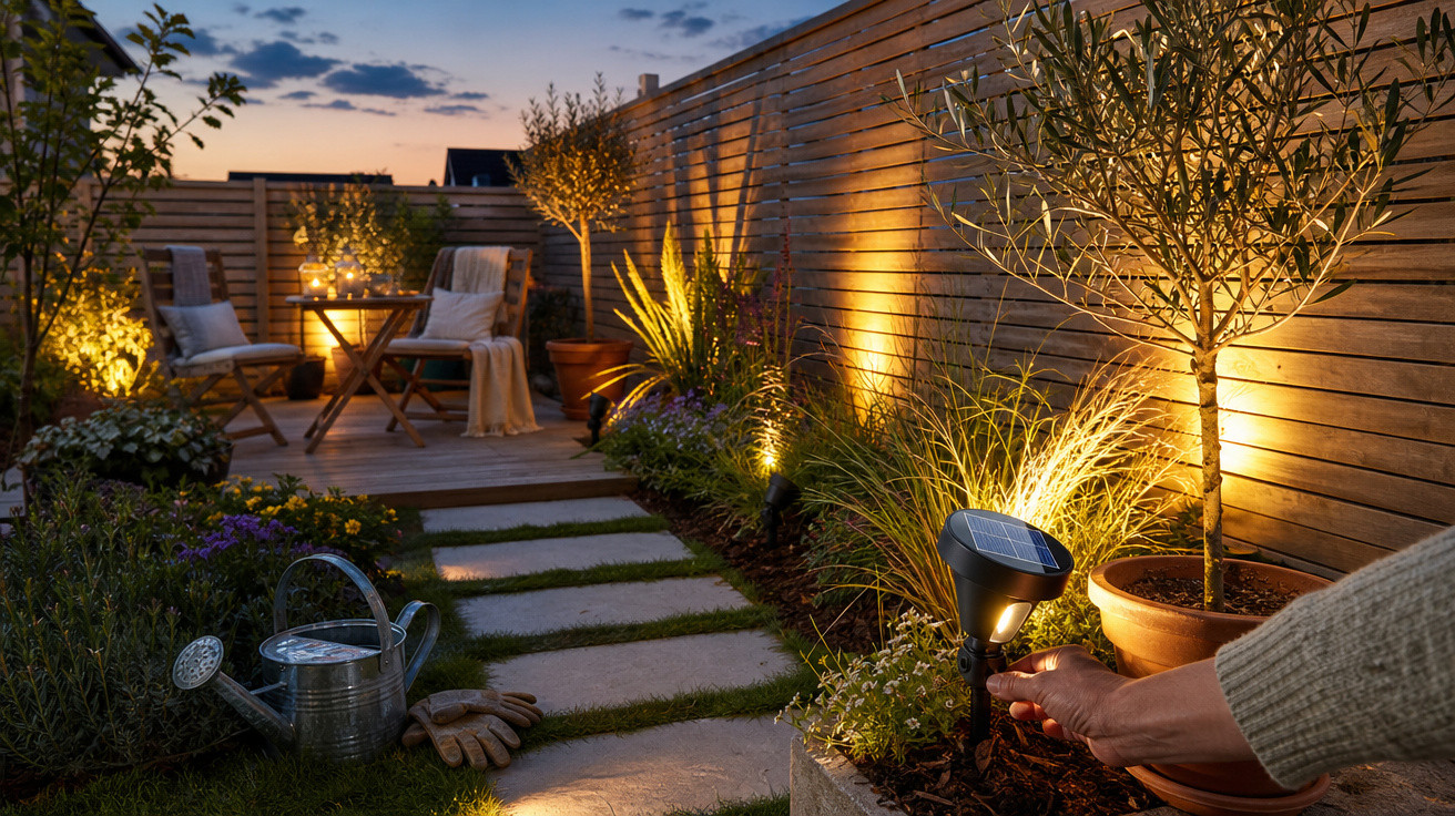 Jardim com iluminação solar, plantas em vasos e área de descanso com mesa e cadeiras ao entardecer.