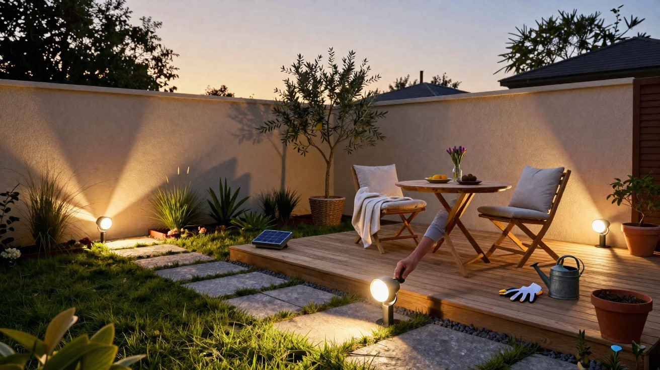 Jardim iluminado ao entardecer com deck de madeira, cadeiras, mesa, plantas e luzes de exterior solares.