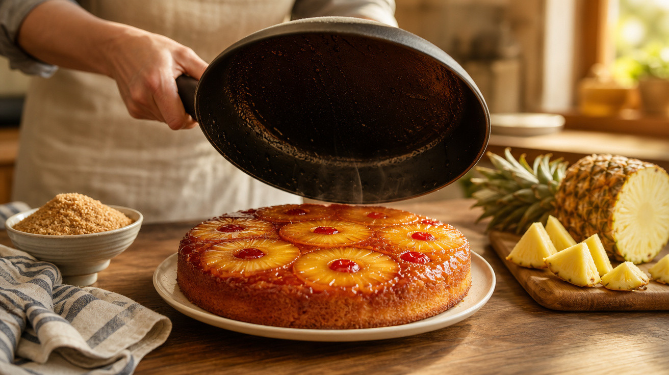 Pessoa a virar forma para revelar bolo de ananás com fatias e cerejas num prato branco.