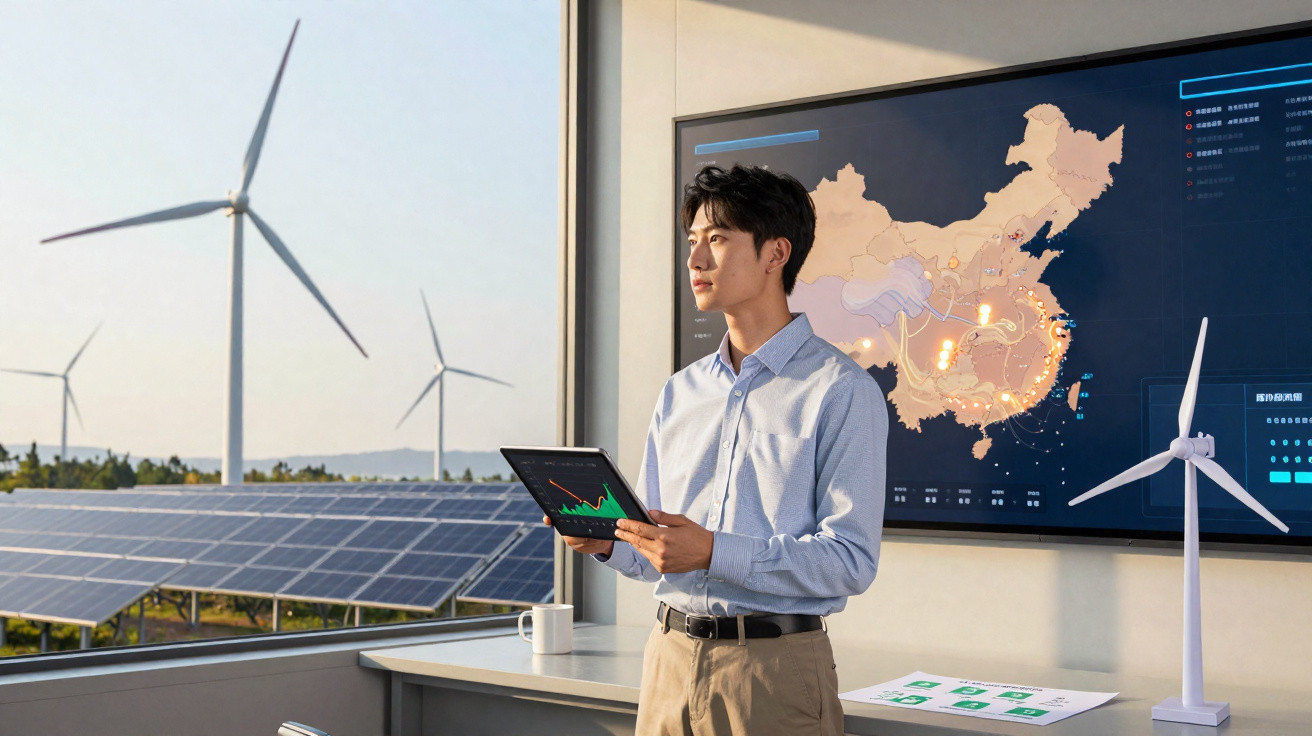 Homem analisa dados em tablet com turbinas eólicas e painéis solares ao fundo e mapa na parede.