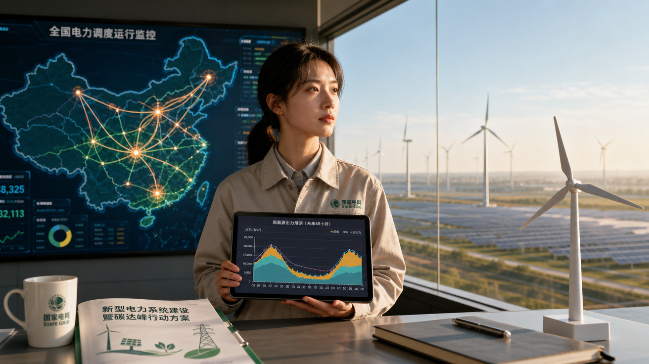Mulher apresenta gráficos de energia renovável com turbinas eólicas visíveis através da janela.