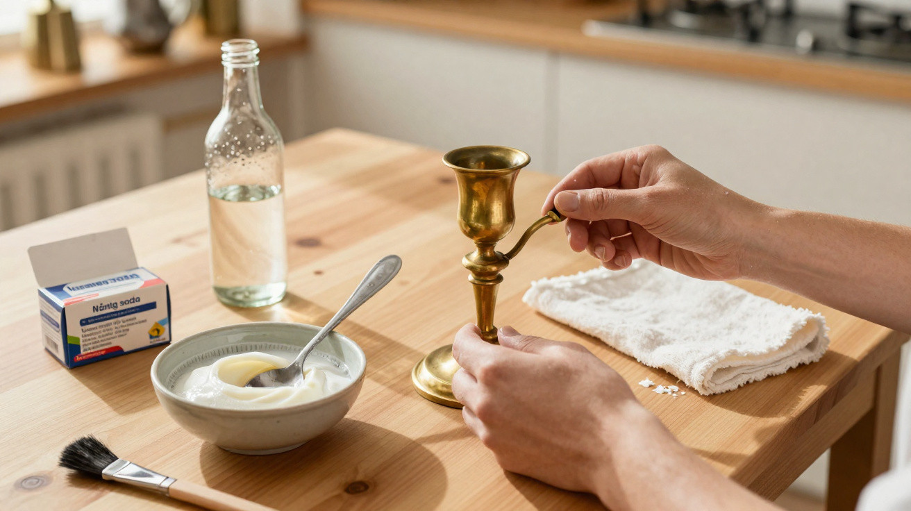 Mãos a limpar um castiçal dourado com uma toalha branca, ao lado de ingredientes e utensílios numa mesa de madeira.
