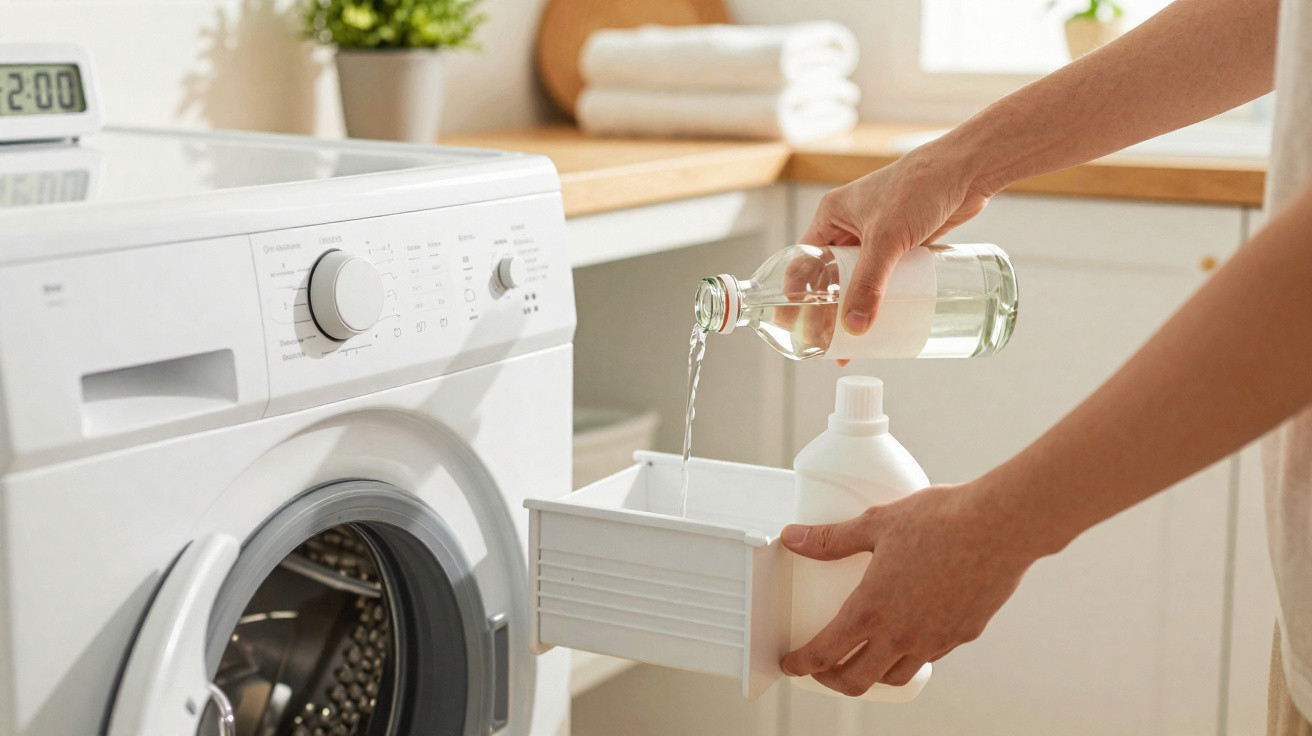 Pessoa a verter líquido numa gaveta de detergente de máquina de lavar roupa branca numa cozinha luminosa.