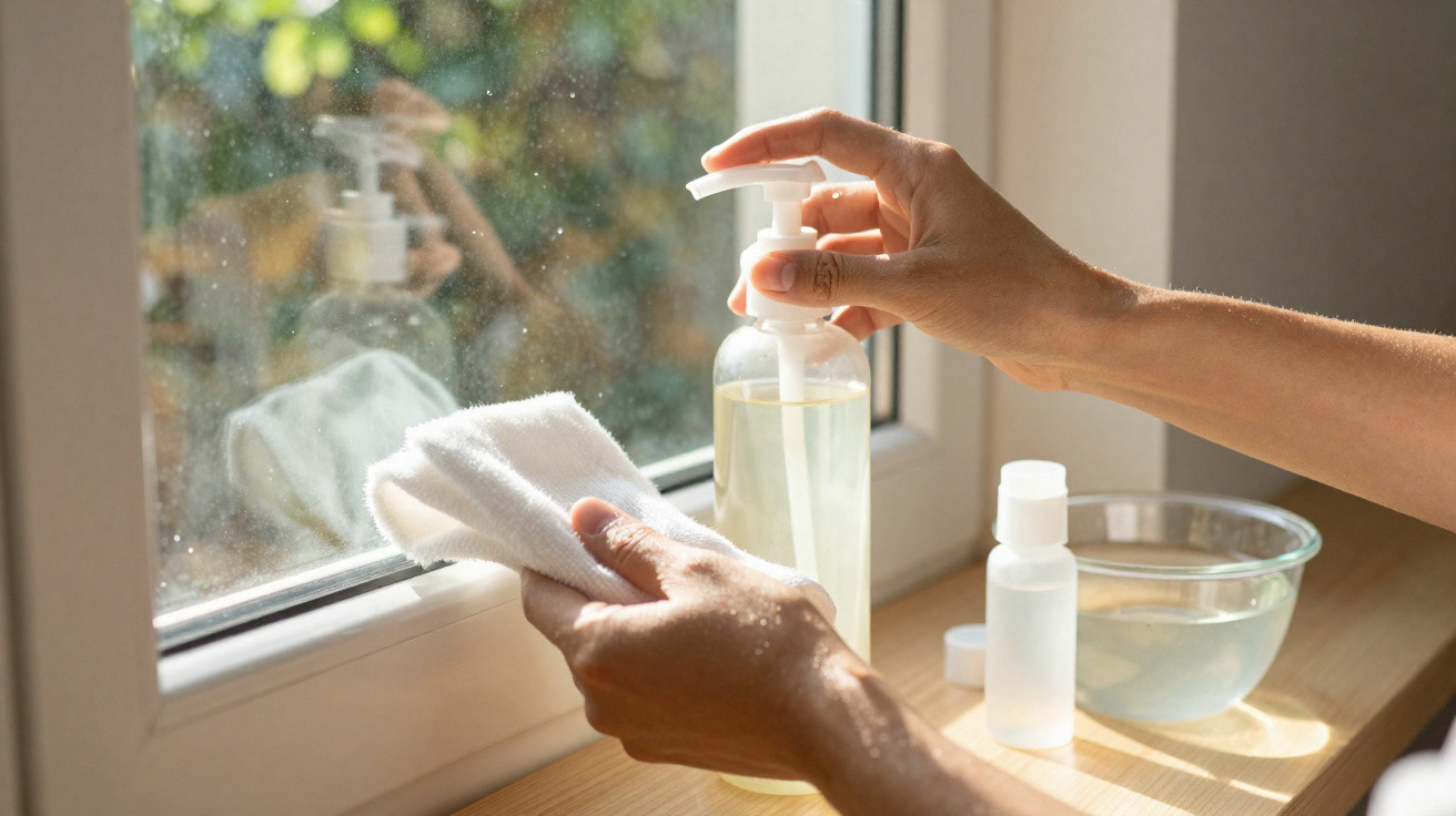 Mãos a usar dispenser de líquido para limpar vidro de janela com pano branco perto de frascos e tigela.