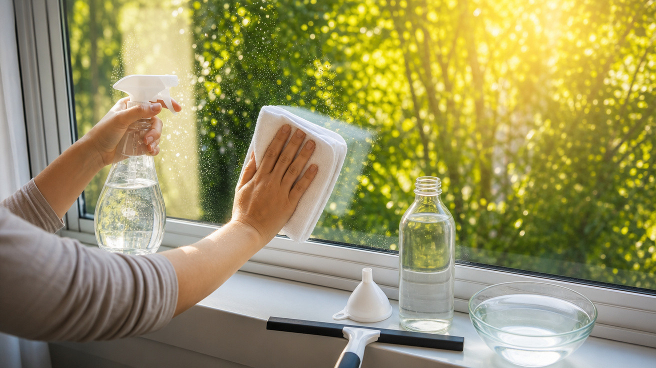 Pessoa a limpar uma janela com pano e spray, luz solar e vegetação vista ao fundo.