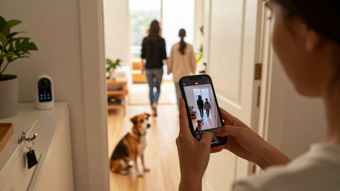 Pessoa a tirar foto com telemóvel de duas pessoas a andar em corredor com cão sentado no chão.