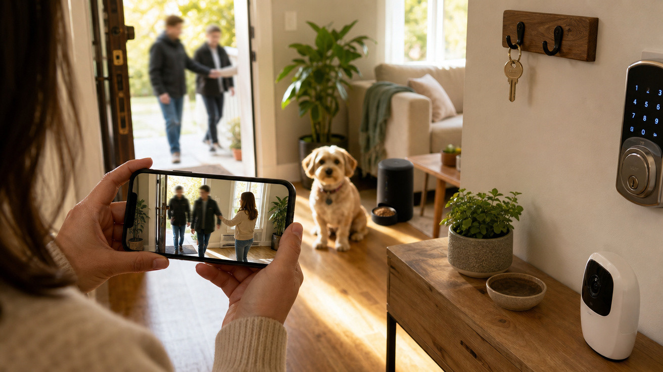 Pessoa a usar telemóvel para monitorizar a entrada de visitantes, com cão sentado e sala iluminada ao fundo.