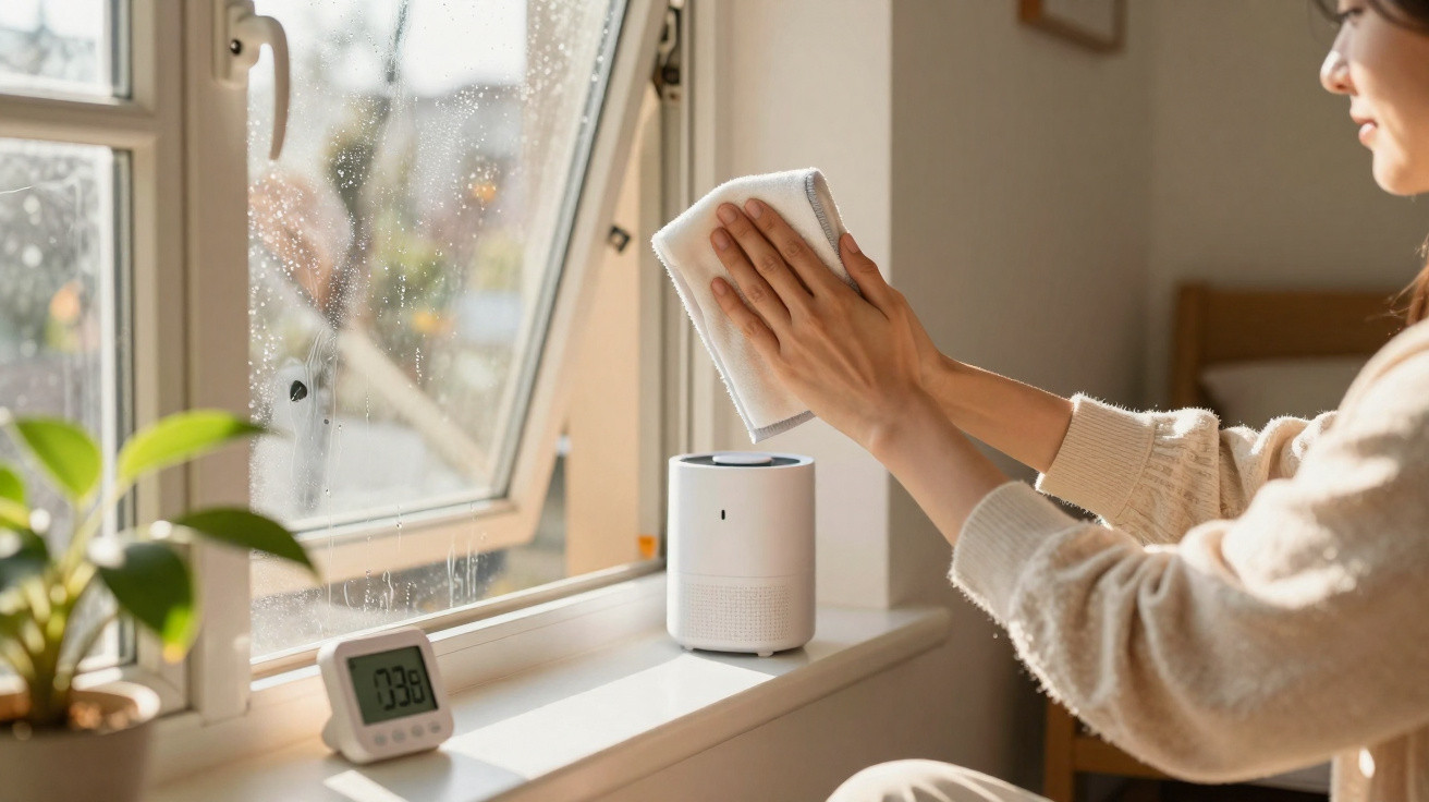Pessoa a limpar o vidro de uma janela num ambiente interior com planta e monitor de humidade.