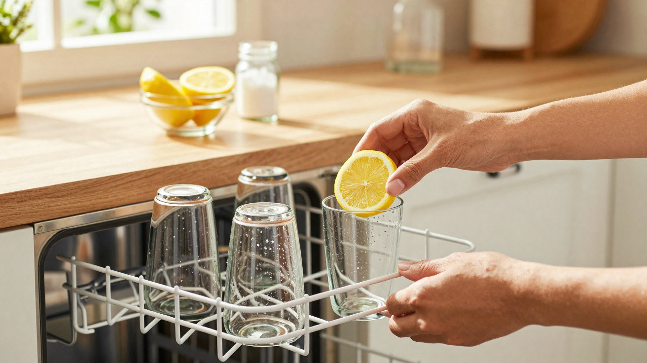 Mãos a colocar uma rodela de limão num copo numa cozinha com copos numa máquina de lavar loiça.