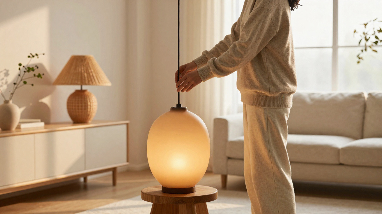 Pessoa a ajustar candeeiro redondo iluminado numa sala de estar com decoração neutra e sofá cinzento.