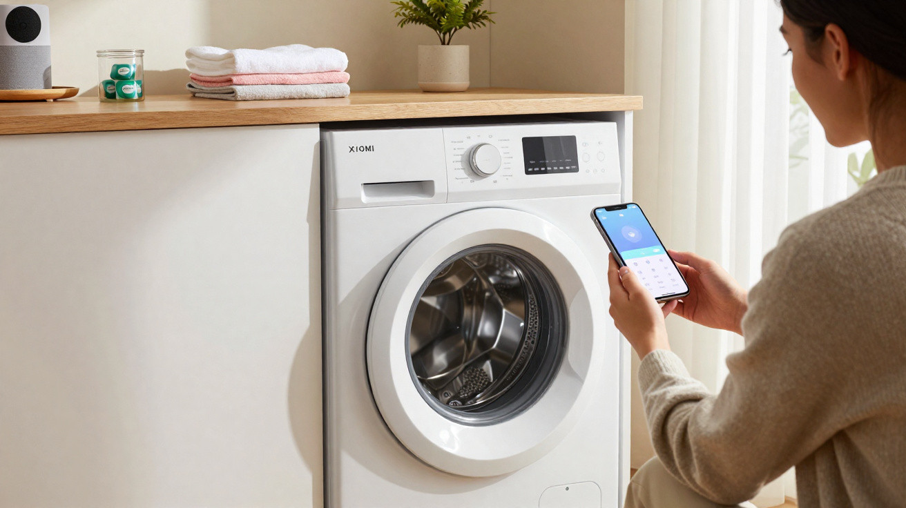 Pessoa controla máquina de lavar roupa branca com smartphone numa lavandaria moderna e luminosa.