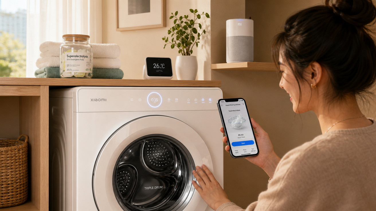 Mulher a usar smartphone para controlar máquina de lavar roupa branca numa lavandaria moderna.