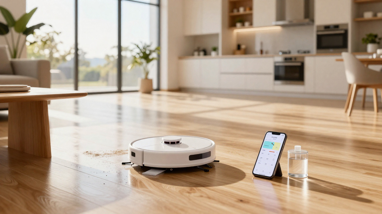 Robot aspirador a limpar chão de madeira numa sala com móveis modernos e luz natural.