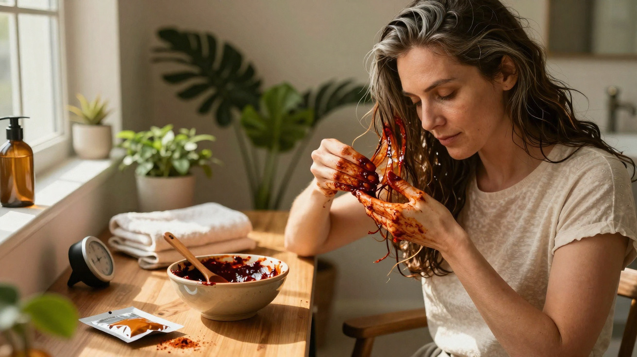 Mulher a aplicar máscara capilar natural caseira com ingredientes num ambiente luminoso e confortável.