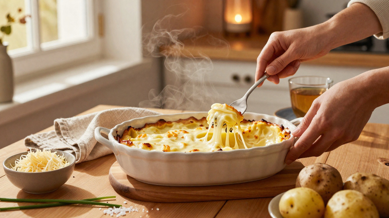 Mãos servem lasanha quente e fumegante numa travessa branca numa cozinha iluminada naturalmentem