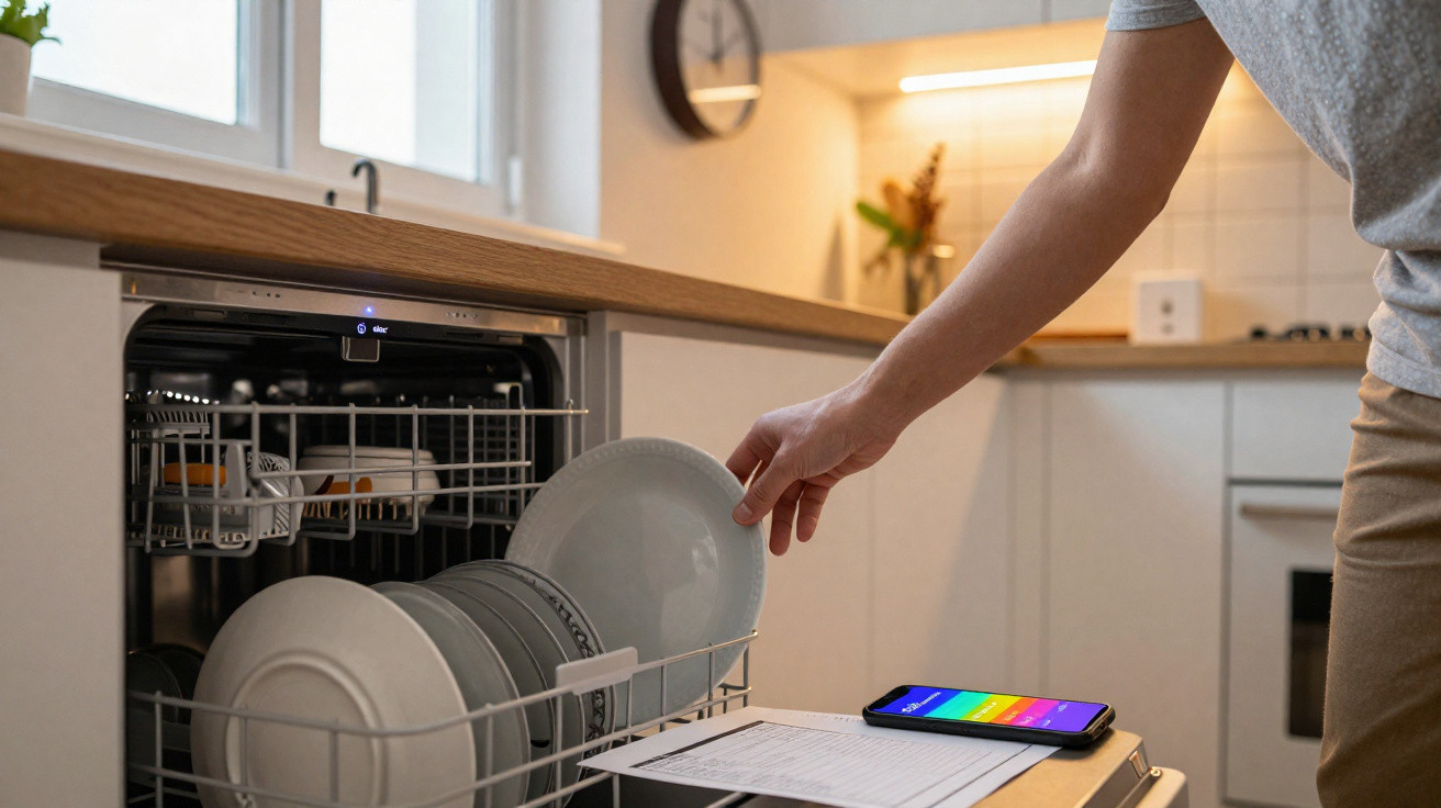 Pessoa a colocar pratos na máquina de lavar louça numa cozinha moderna com luz natural.