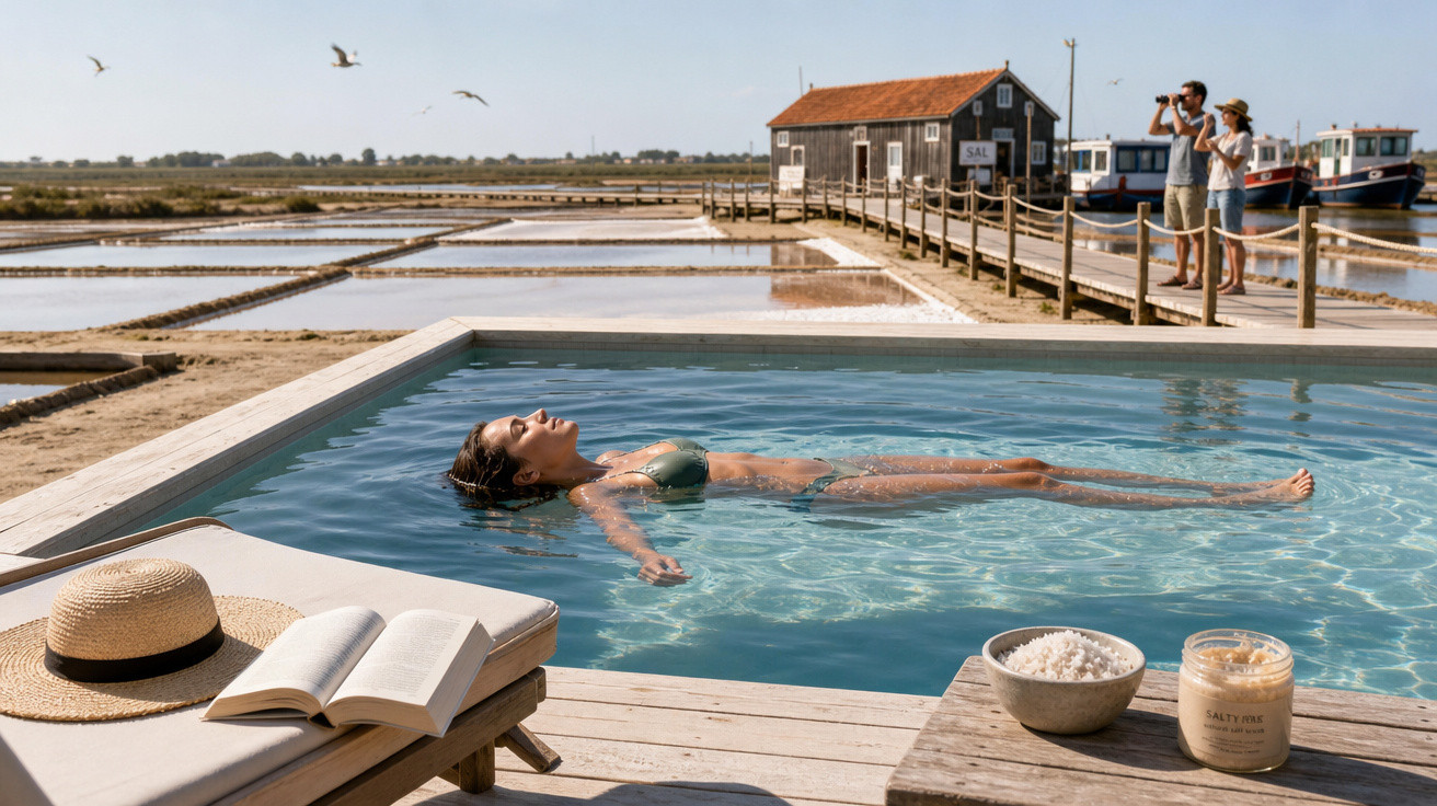 Mulher relaxa a flutuar numa piscina ao ar livre perto de salinas, com três pessoas a observar ao fundo.